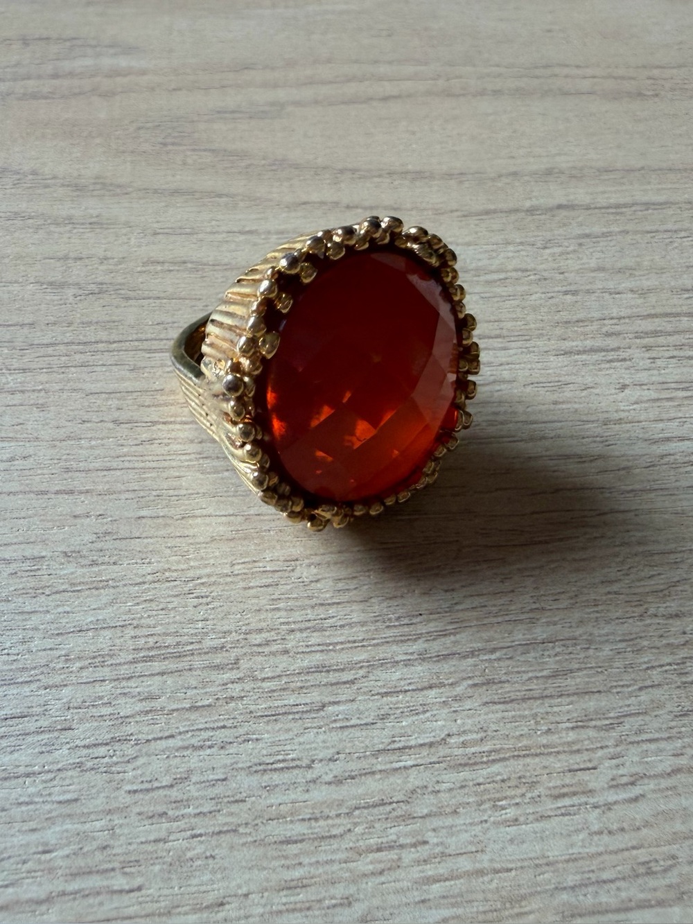 Vintage Gold Tone Faceted Orange Carnelian Glass Cocktail Ring Size 7